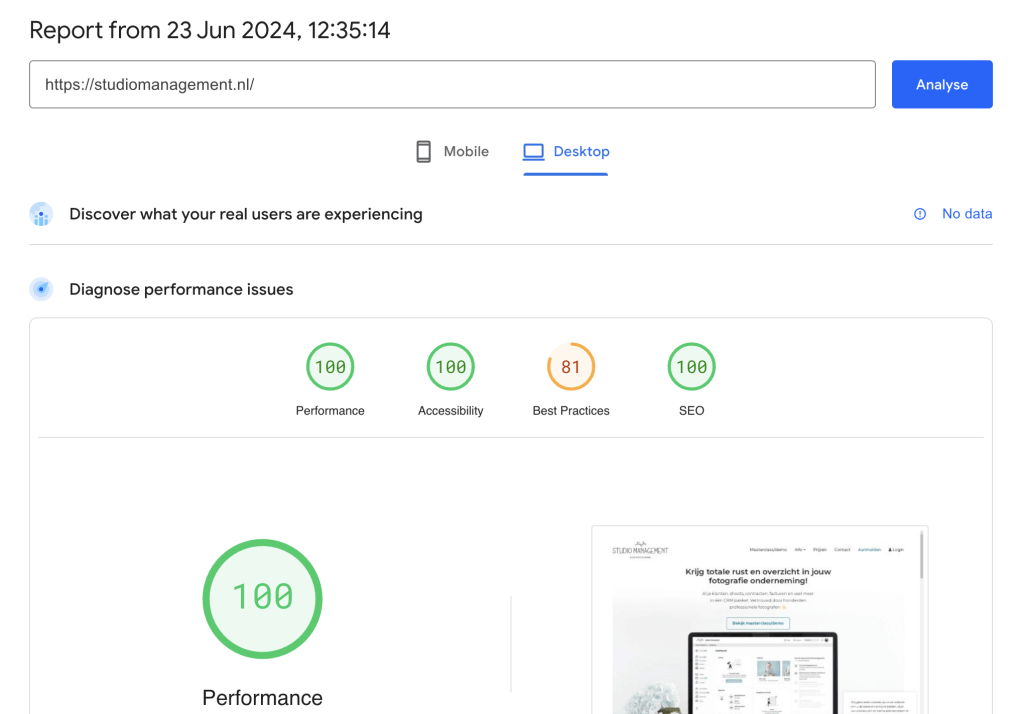 Google PageSpeed Insights score resultaat voor snelheid optimalisatie